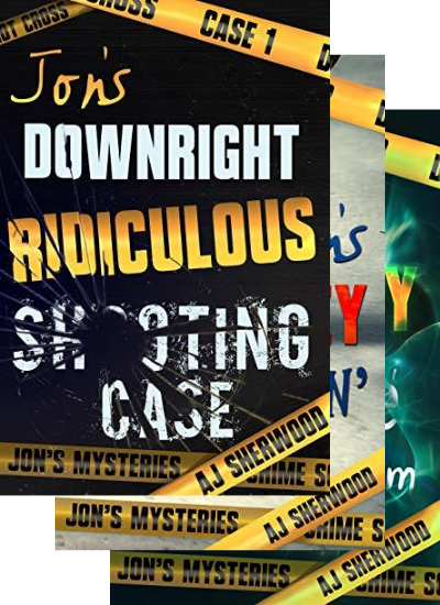 Three overlapping book covers from A.J. Sherwood's Jon's Mysteries series