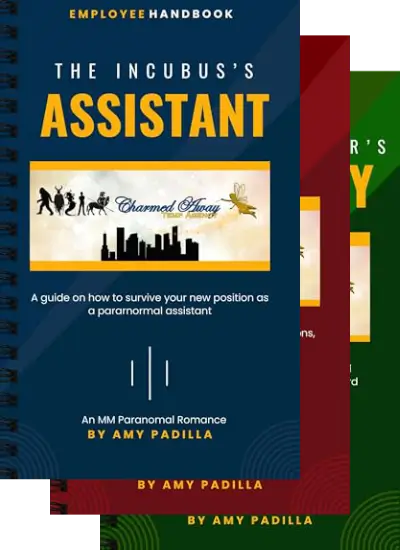 Three overlapping book covers from Amy Padilla's Charmed Away Temp Agency series