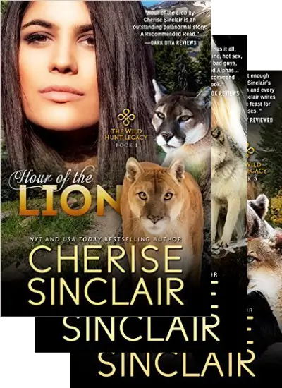 Three overlapping book covers from Cherise Sinclair's The Wild Hunt Legacy series
