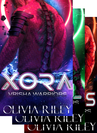 Three overlapping book covers from Olivia Riley's Vrisha Warriors series