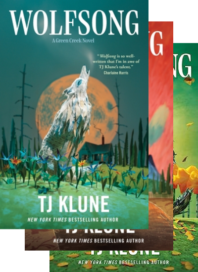 Three overlapping book covers from T.J. Klune's Green Creek series